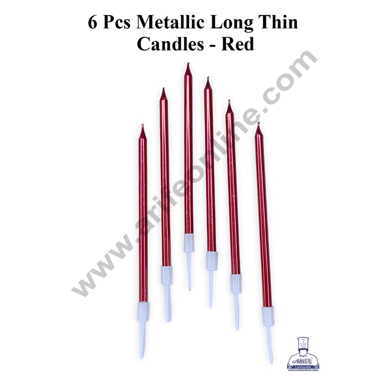 CAKE DECOR 6 Pcs Metallic Long Thin Candle for Cake and Cupcake Decorations - Red