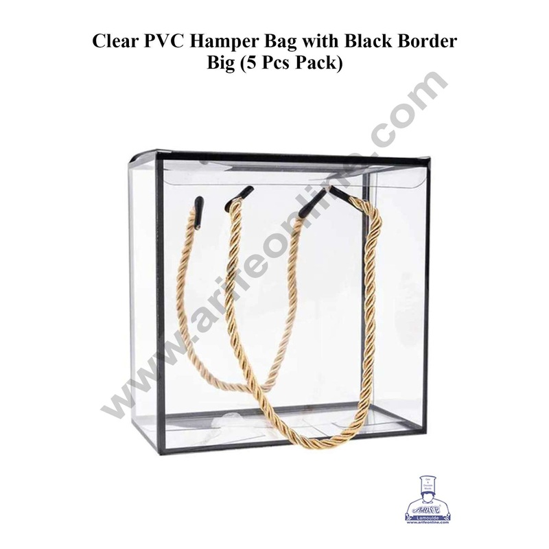 CAKE DECOR Big Clear PVC Hamper Bag with Black Border | Gift Box | Gift Bag with Handle (5 Pcs Pack)