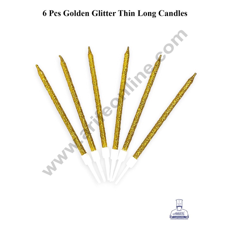 CAKE DECOR Golden Glitter Thin Long Candles with Stand for Cake & Cupcake Decoration (6 Pcs Set)