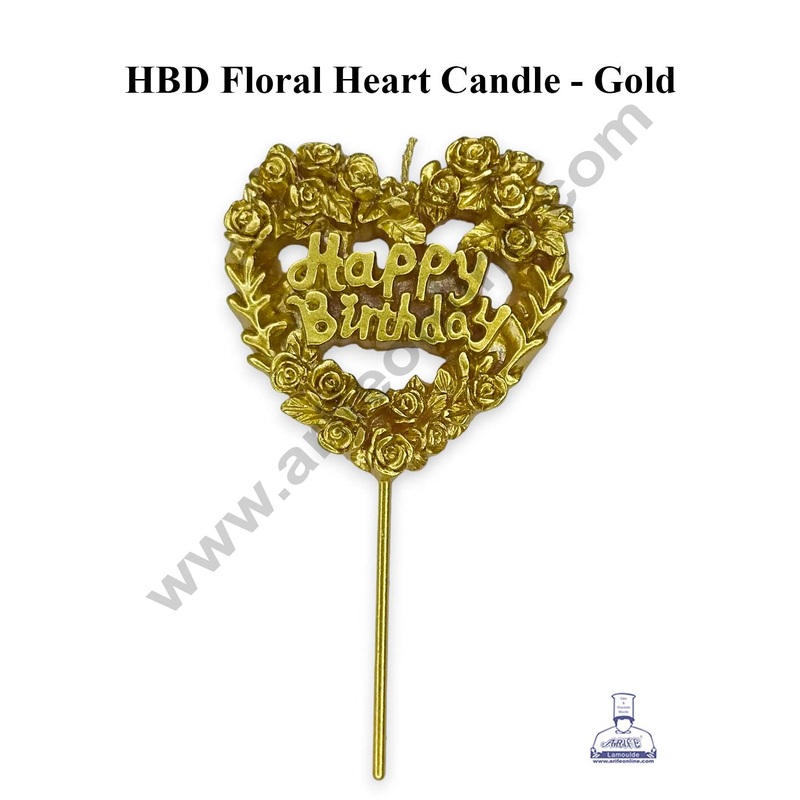 CAKE DECOR HBD Floral Heart Shape Candle for Cake and Cupcake Decorations - Gold (1 Piece)