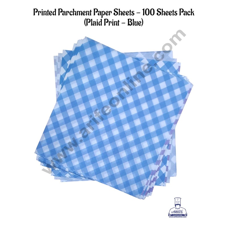 CAKE DECOR Printed Parchment Paper | Bento Box Liner | Grease Proof Paper | Wrap Paper - Blue Checks/Plaid Print (100 Sheets)
