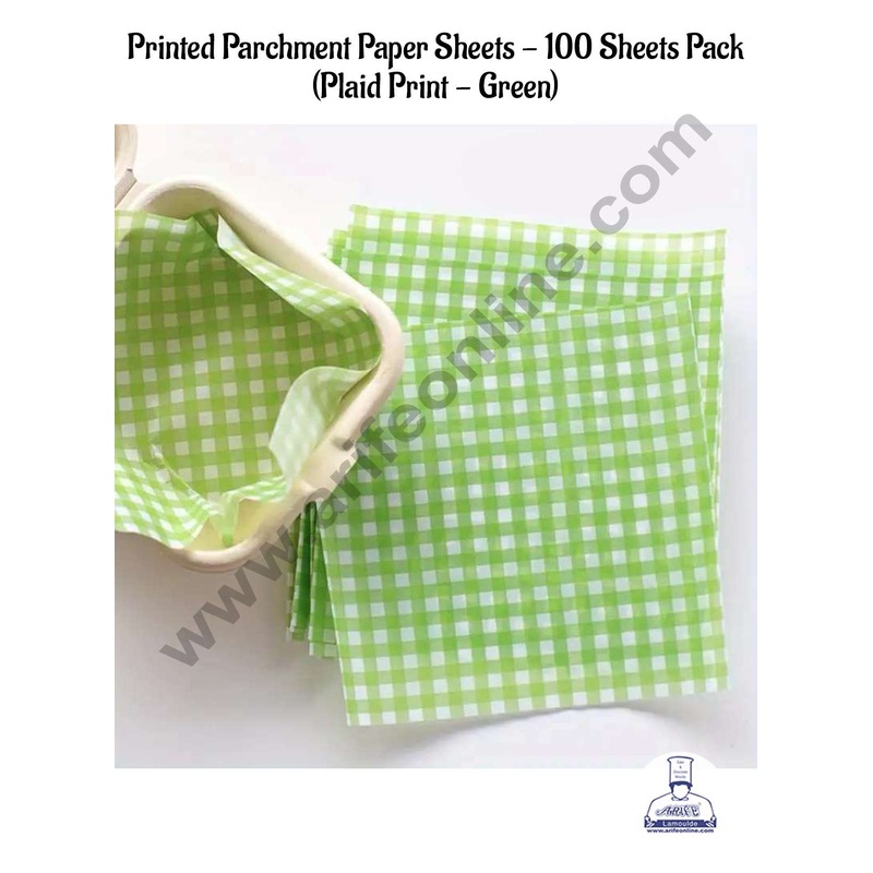 CAKE DECOR Printed Parchment Paper | Bento Box Liner | Grease Proof Paper | Wrap Paper - Green Checks/Plaid Print (100 Sheets)