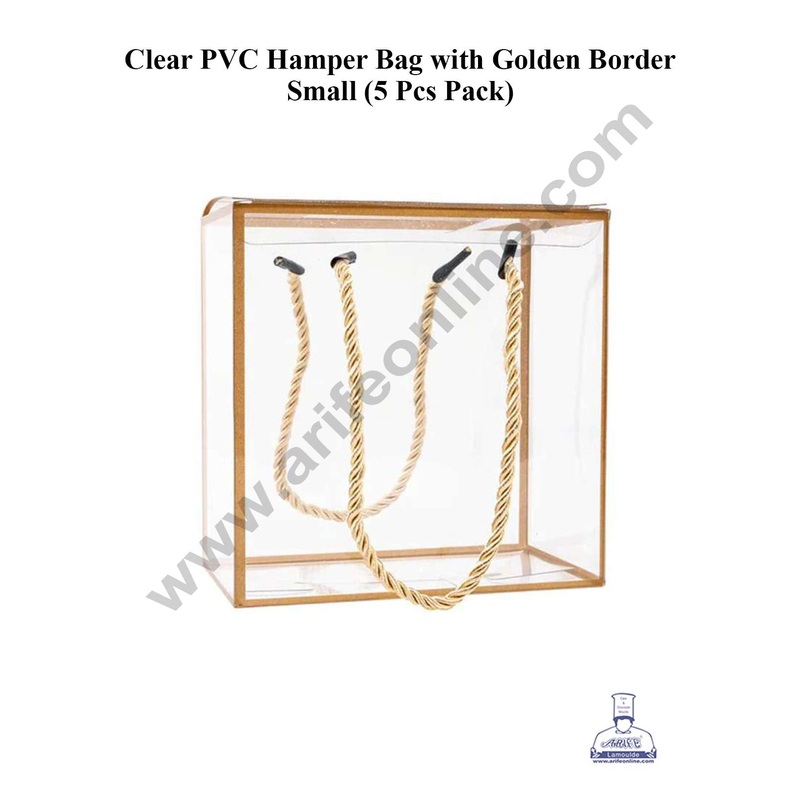 CAKE DECOR Small Clear PVC Hamper Bag with Golden Border | Gift Box | Gift Bag with Handle (5 Pcs Pack)
