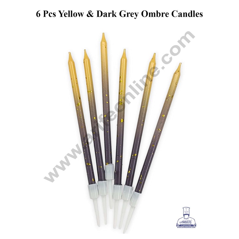 CAKE DECOR Yellow & Dark Grey Ombre with Golden Splash Candles with Stand for Cake and Cupcake Decoration (Set of 6 Pcs)