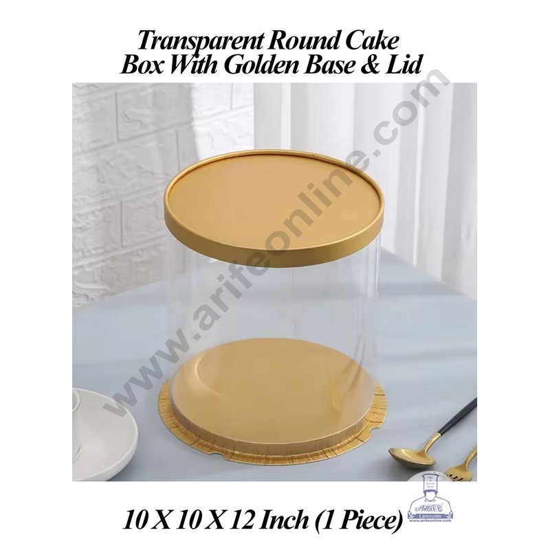 CAKE DECOR 1 Piece Transparent Round Cake Box With Golden Base & Lid | Gift Box | Hamper Box | Pinata Box - (10 X 10 X 12 Inch)