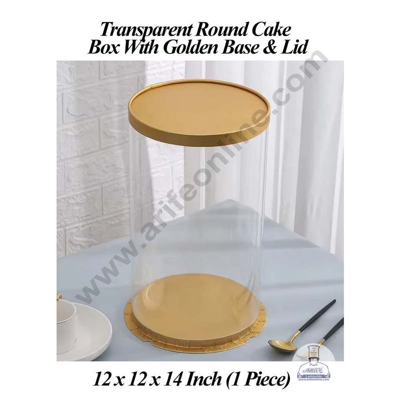 CAKE DECOR 1 Piece Transparent Round Cake Box With Golden Base & Lid | Gift Box | Hamper Box | Pinata Box - (12 X 12 X 14 Inch)