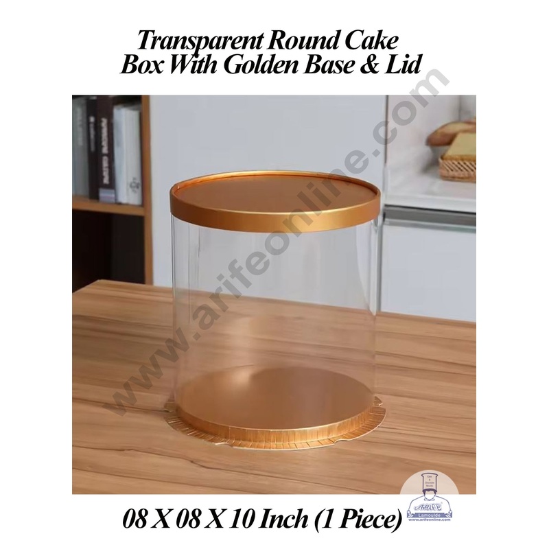 CAKE DECOR 1 Piece Transparent Round Cake Box With Golden Base & Lid | Gift Box | Hamper Box | Pinata Box - (8 X 8 X 10 Inch)