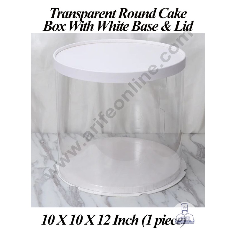 CAKE DECOR 1 Piece Transparent Round Cake Box With White Base & Lid | Gift Box | Hamper Box | Pinata Box - (10 X 10 X 12 Inch)