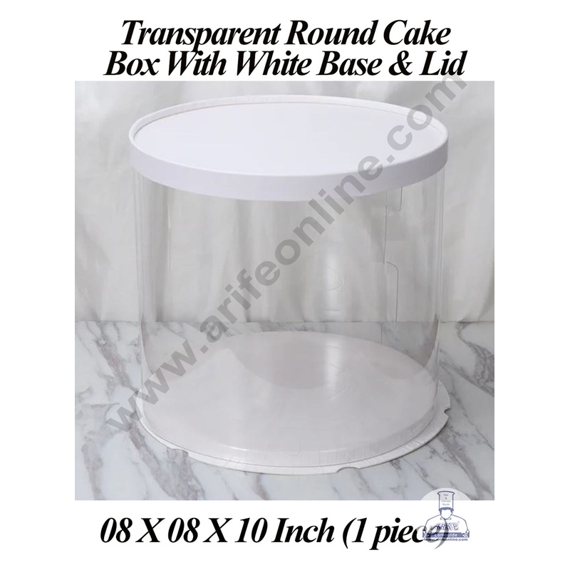 CAKE DECOR 1 Piece Transparent Round Cake Box With White Base & Lid | Gift Box | Hamper Box | Pinata Box - (8 X 8 X 10 Inch)