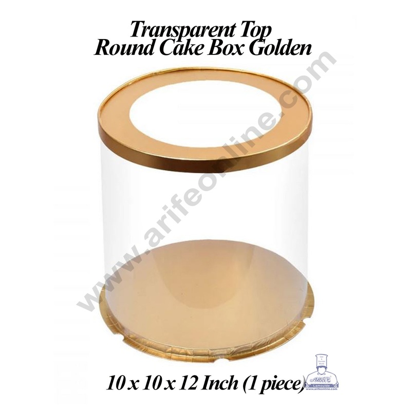 CAKE DECOR 1 Piece Transparent Top Round Cake Box Golden | Gift Box | Hamper Box | Pinata Box - (10 X 10 X 12 Inch)