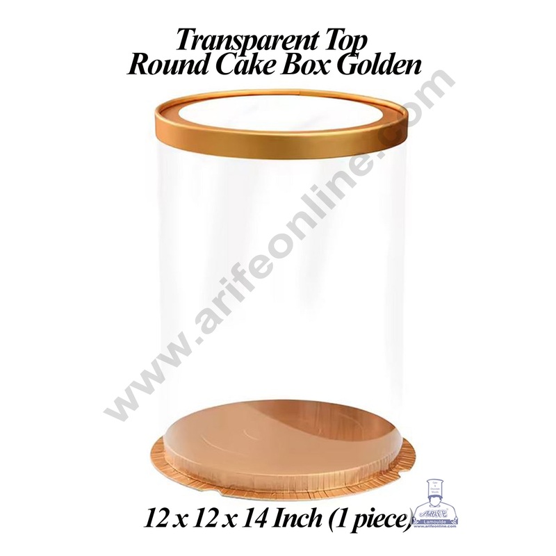 CAKE DECOR 1 Piece Transparent Top Round Cake Box Golden | Gift Box | Hamper Box | Pinata Box - (12 X 12 X 14 Inch)