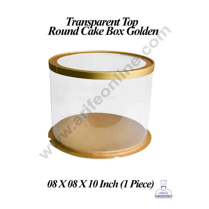 CAKE DECOR 1 Piece Transparent Top Round Cake Box Golden | Gift Box | Hamper Box | Pinata Box - (8 X 8 X 10 Inch)