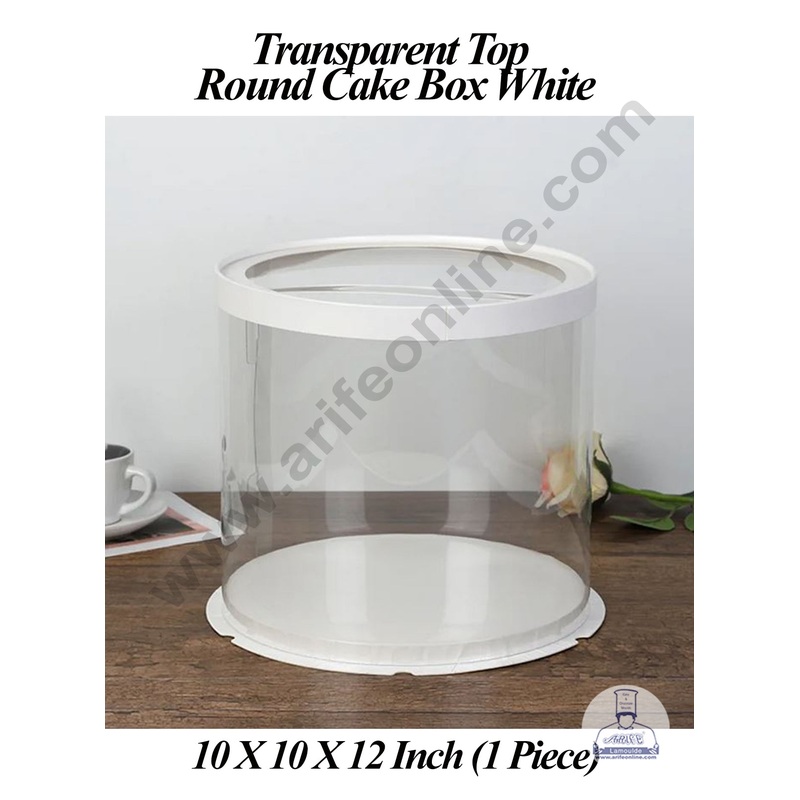 CAKE DECOR 1 Piece Transparent Top Round Cake Box White | Gift Box | Hamper Box | Pinata Box - (10 X 10 X 12 Inch)