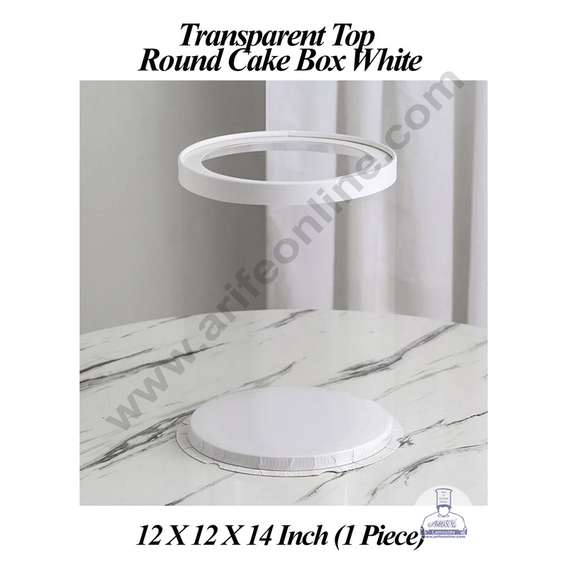 CAKE DECOR 1 Piece Transparent Top Round Cake Box White | Gift Box | Hamper Box | Pinata Box - (12 X 12 X 14 Inch)