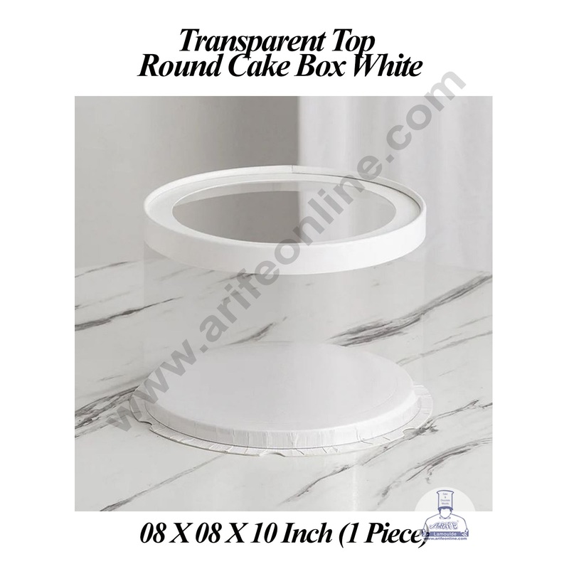 CAKE DECOR 1 Piece Transparent Top Round Cake Box White | Gift Box | Hamper Box | Pinata Box - (8 X 8 X 10 Inch)