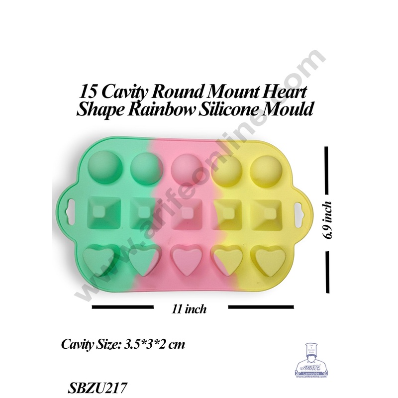 CAKE DECOR 15 Cavity Round Mount Heart Shape Dessert Cake Rainbow Silicone Mould (SBZU217)
