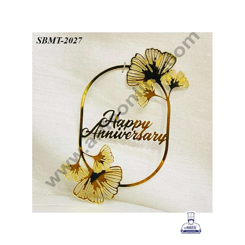 CAKE DECOR 5 inch Acrylic Happy Anniversary in  Ginkgo Leaf Cutout Frame Cake topper (SBMT-2027)