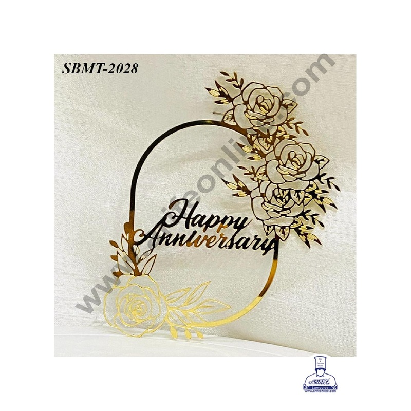CAKE DECOR 5 inch Acrylic Happy Anniversary in Rose Flower Cutout Frame Cake topper (SBMT-2028)