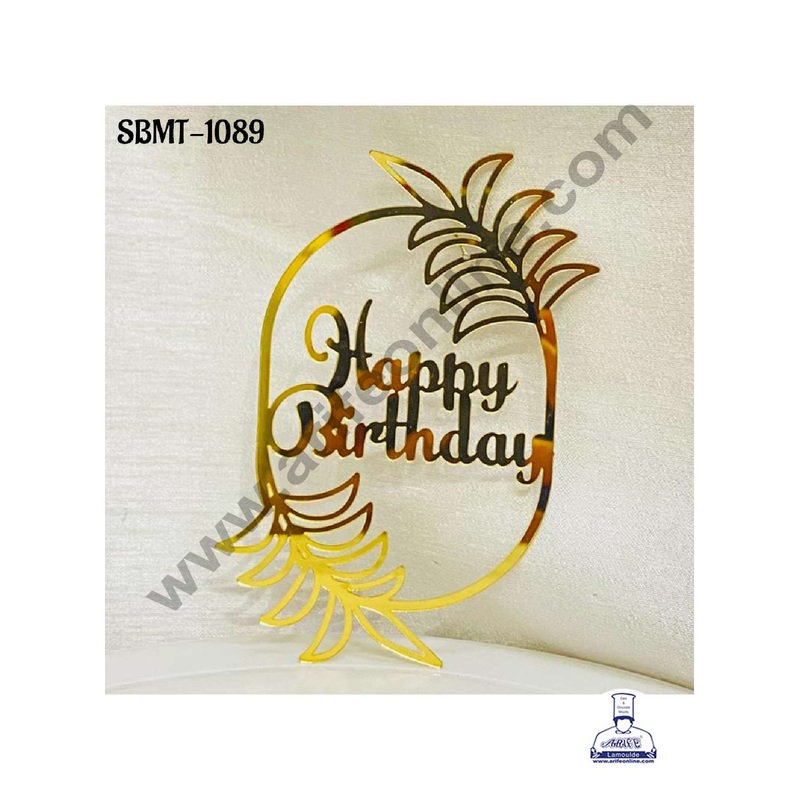 CAKE DECOR 5 inch Acrylic Happy Birthday in Leaf Cutout Frame Cake topper (SBMT-1089)