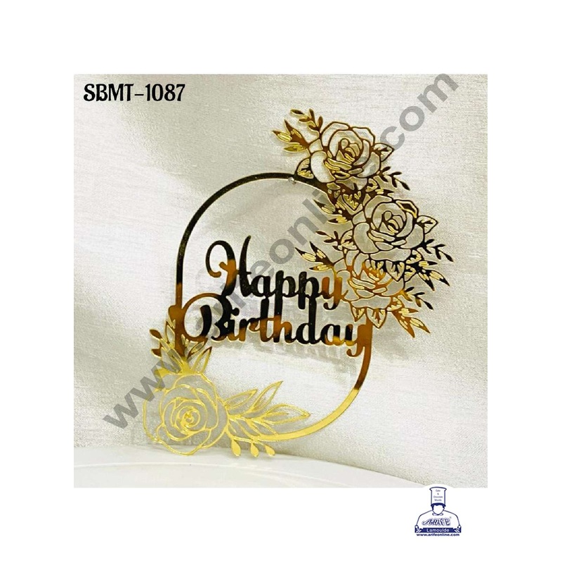 CAKE DECOR 5 inch Acrylic Happy Birthday in Rose Flower Cutout Frame Cake topper (SBMT-1087)