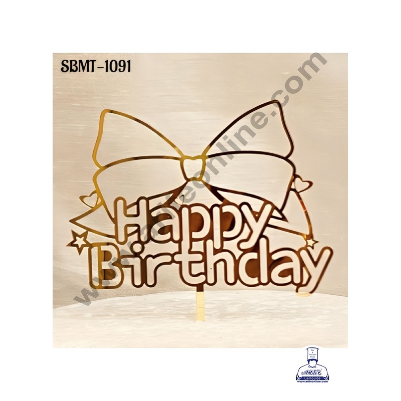 CAKE DECOR 5 inch Acrylic Happy Birthday with Big Bow Cutout Cake topper (SBMT-1091)
