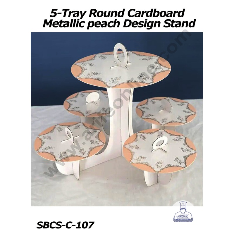 Cake Decor 5-Tray Round Cardboard Metallic Design Cupcake  Stand