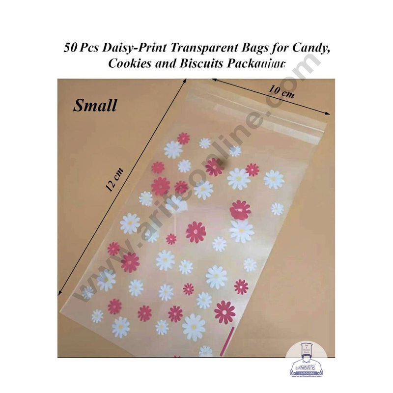 CAKE DECOR 50 Pcs Daisy-Print Transparent Cookie Bags Cookie Pouch for Candy,Cookies and Biscuits Packaging | Self Adhesive