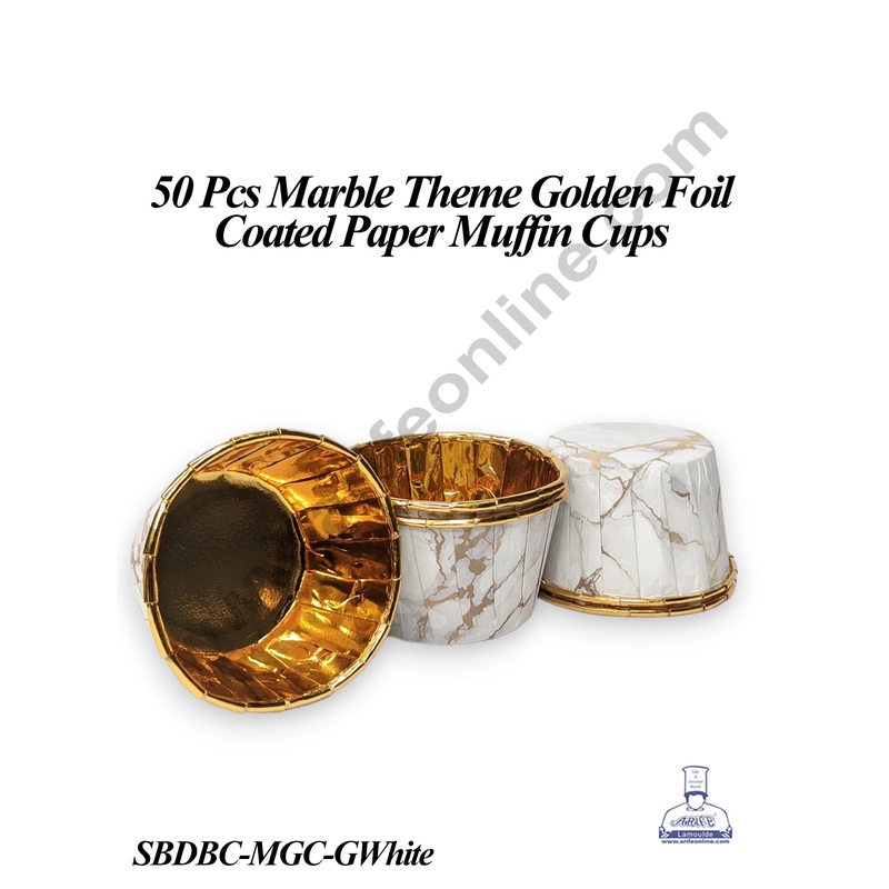 CAKE DECOR 50 Pcs Marble Theme Golden Foil Coated Paper Muffin Cups - Gold & White (SBDBC-MGC-GWhite)