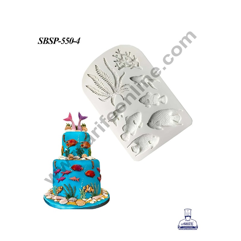 CAKE DECOR 8 Cavity Mix Fish & Seaweed Sea Theme Silicone Fondant mould | Cake Decoration - (SBSP-550-4)