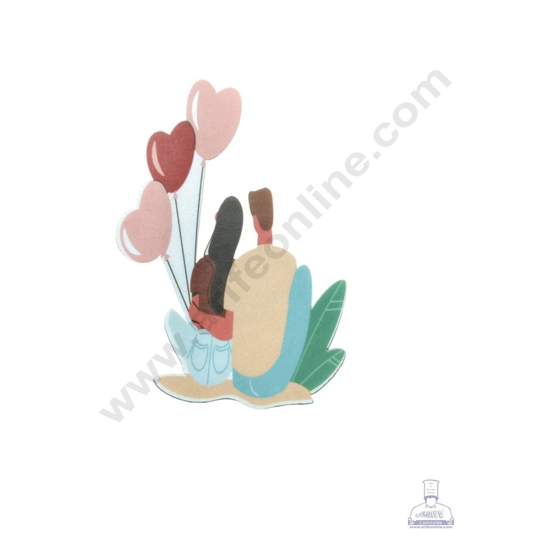 CAKE DECOR Edible Theme Topper Pre Cut Wafer Paper High Quality -  Couples With Heart Balloons - ( 1 pc Pack ) SB-WPC-3116