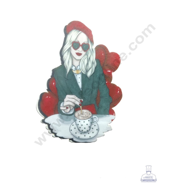 CAKE DECOR Edible Theme Topper Pre Cut Wafer Paper High Quality - Girl With Coffee - ( 1 pc Pack ) SB-WPC-3107