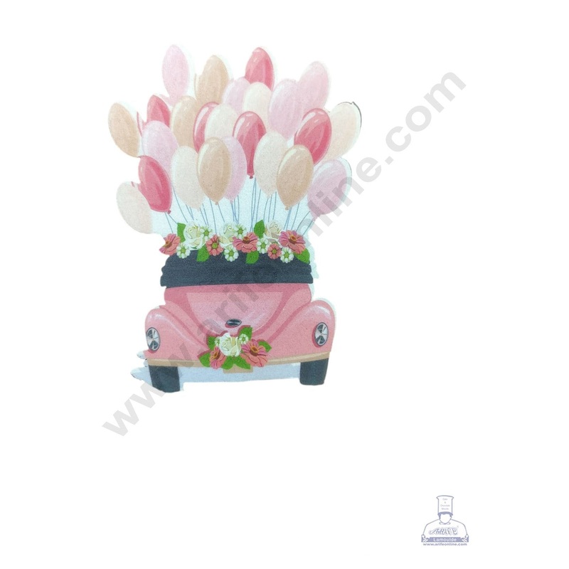 CAKE DECOR Edible Theme Topper Pre Cut Wafer Paper High Quality - Pink Vintage Car With Balloons - ( 1 pc Pack ) SB-WPC-3105