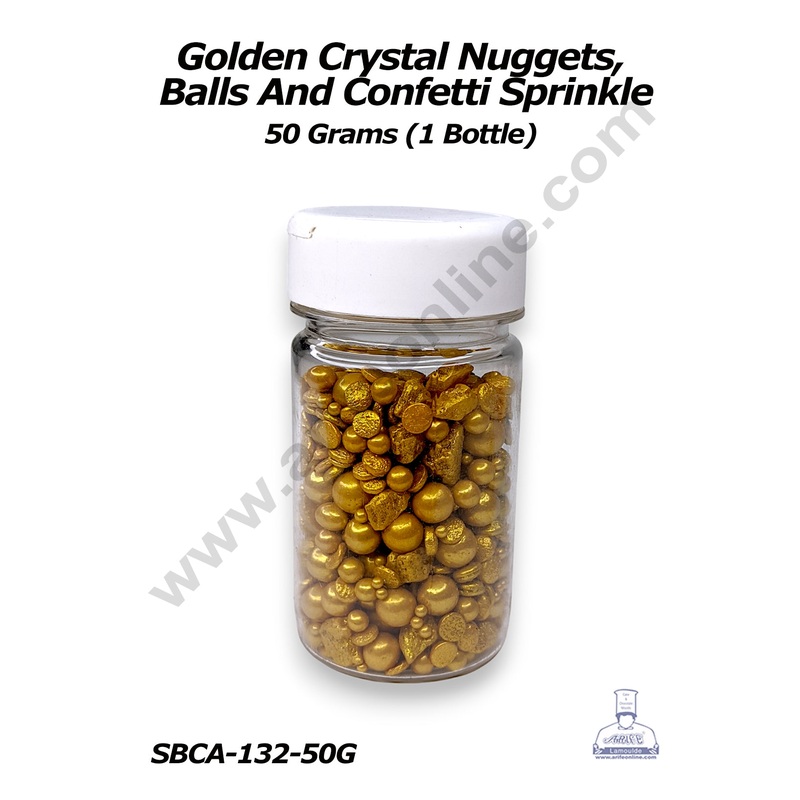 Cake Decor Golden Crystal Nuggets, Balls And Confetti Sprinkles - 50 gm