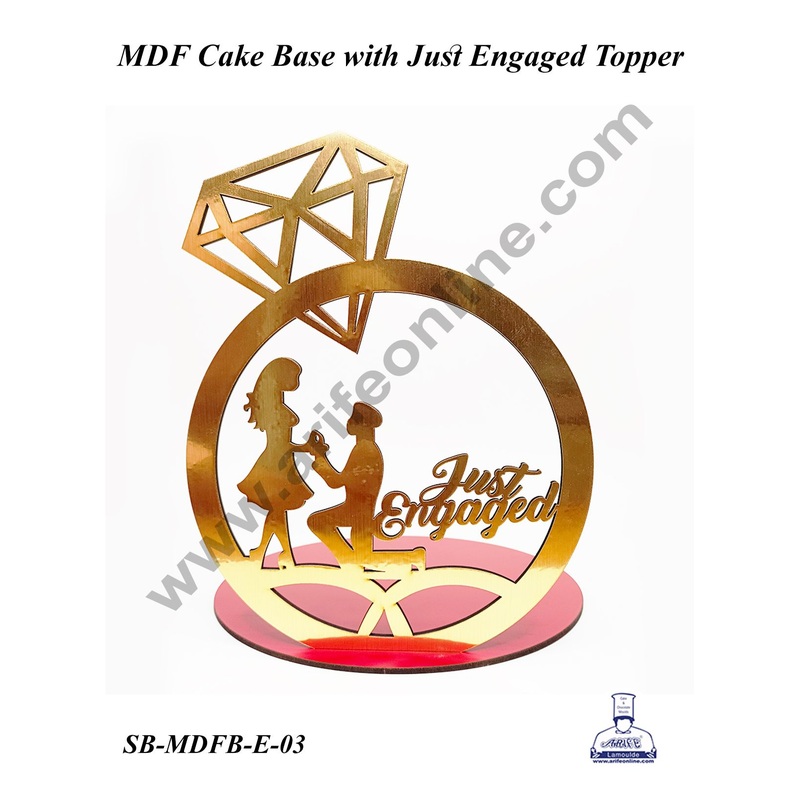 CAKE DECOR MDF Cake Base with Just Engaged Couple Cutout in Ring Frame | Cake Decoration - 1 Piece