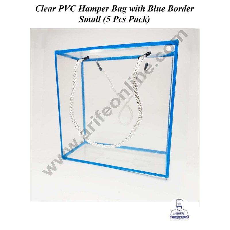 CAKE DECOR Small Clear PVC Hamper Bag with Blue Border | Gift Box | Gift Bag with Handle (5 Pcs Pack)