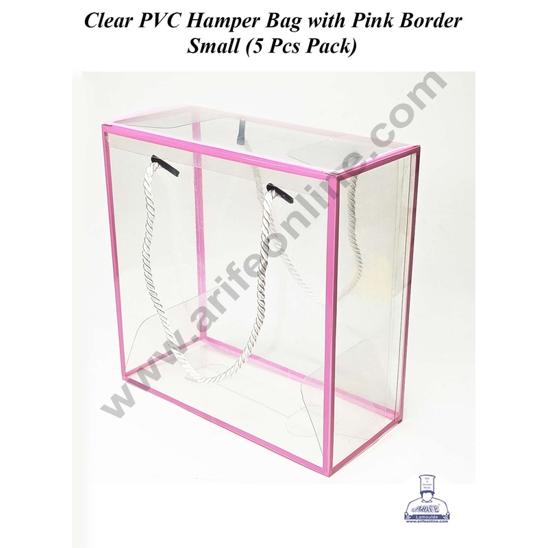 CAKE DECOR Small Clear PVC Hamper Bag with Pink Border | Gift Box | Gift Bag with Handle (5 Pcs Pack)