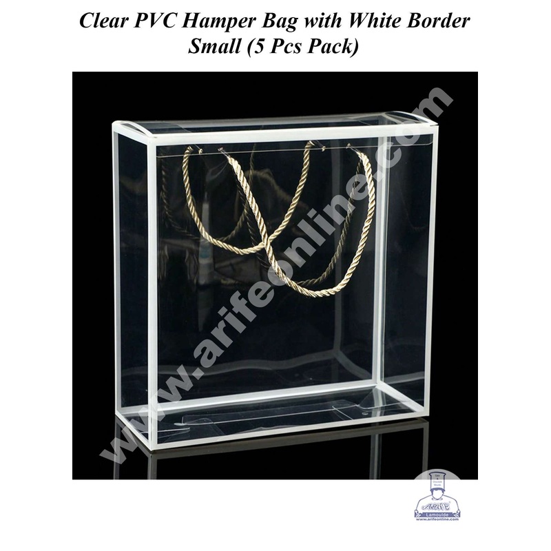 CAKE DECOR Small Clear PVC Hamper Bag with White Border | Gift Box | Gift Bag with Handle (5 Pcs Pack)