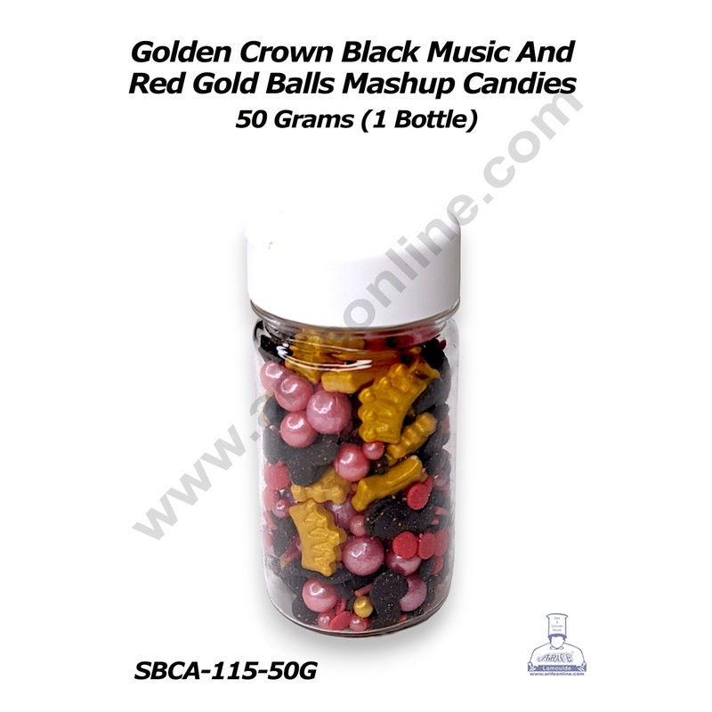 CAKE DECOR Sugar Candy - Golden Crown Black Music And Red Gold Balls Mashup Candies - 50 gm