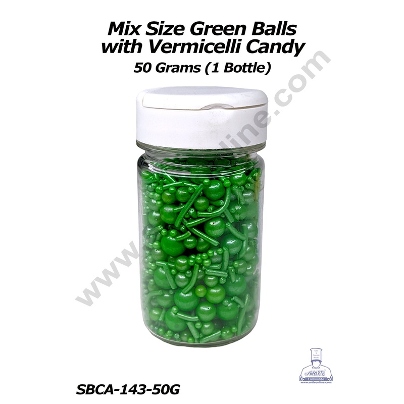 CAKE DECOR Sugar Candy  Mix Size Green Balls with Vermicelli Candy  50 gm