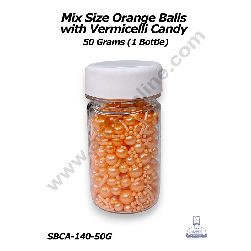 CAKE DECOR Sugar Candy  Mix Size Orange Balls with Vermicelli Candy  50 gm