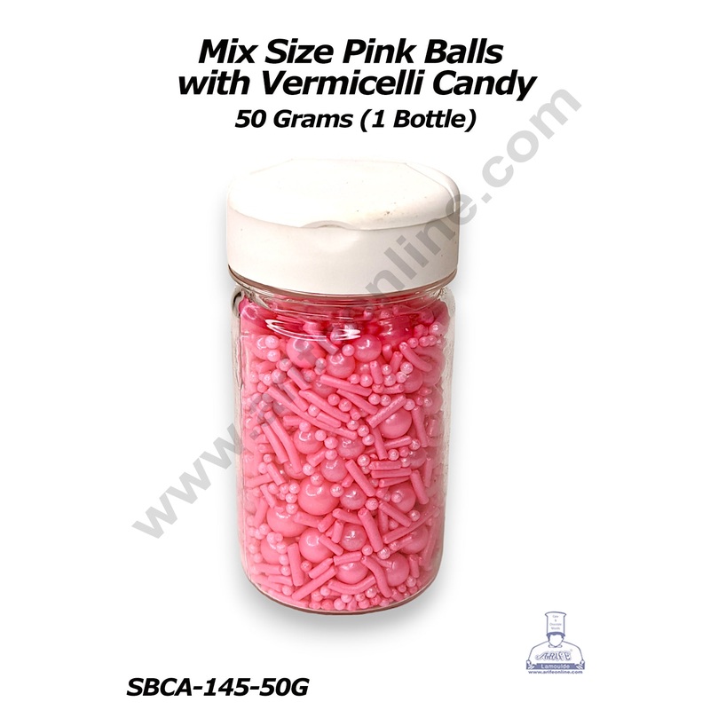 CAKE DECOR Sugar Candy  Mix Size Pink Balls with Vermicelli Candy  50 gm