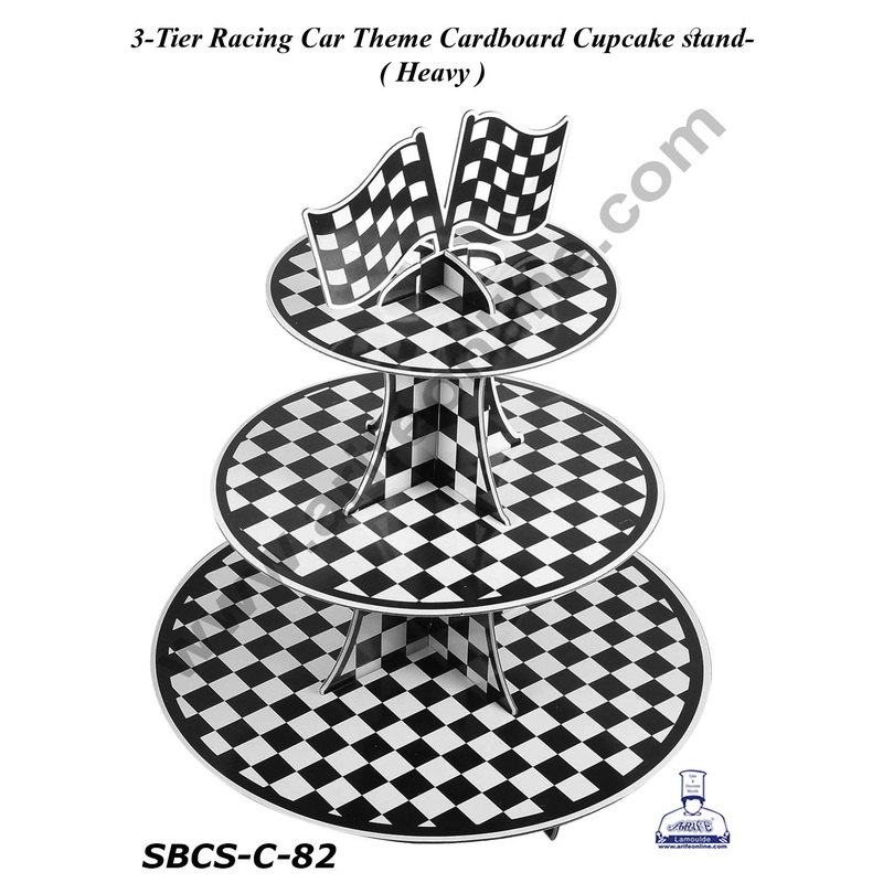 3-Tier Racing Car Theme Cardboard Cupcake Stand | Black and White Checkered Cupcake Stand -Heavy