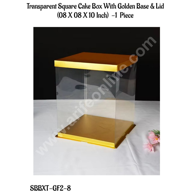 CAKE DECOR 1 Piece Transparent Square Cake Box With Golden Base & Lid | Gift Box | Hamper Box | Pinata Box - (08 X 08 X 10 Inch)