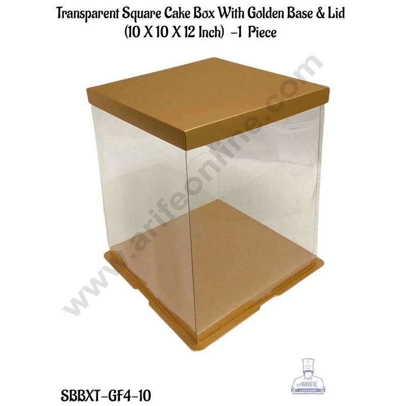 CAKE DECOR 1 Piece Transparent Square Cake Box With Golden Base & Lid | Gift Box | Hamper Box | Pinata Box - (10 X 10 X 12 Inch)
