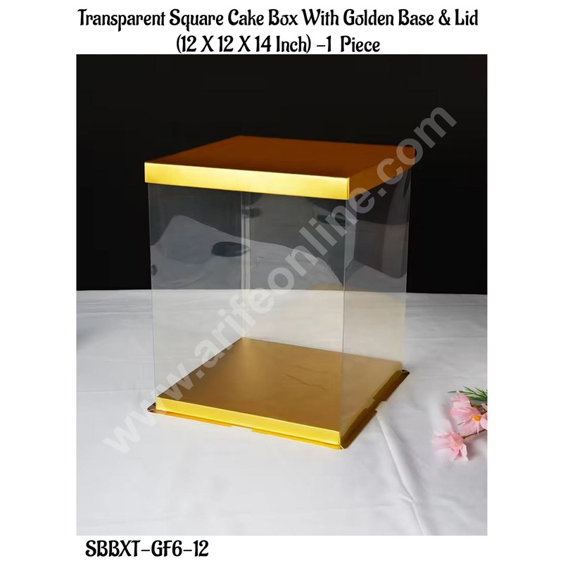 CAKE DECOR 1 Piece Transparent Square Cake Box With Golden Base & Lid | Gift Box | Hamper Box | Pinata Box - (12 X 12 X 14 Inch)