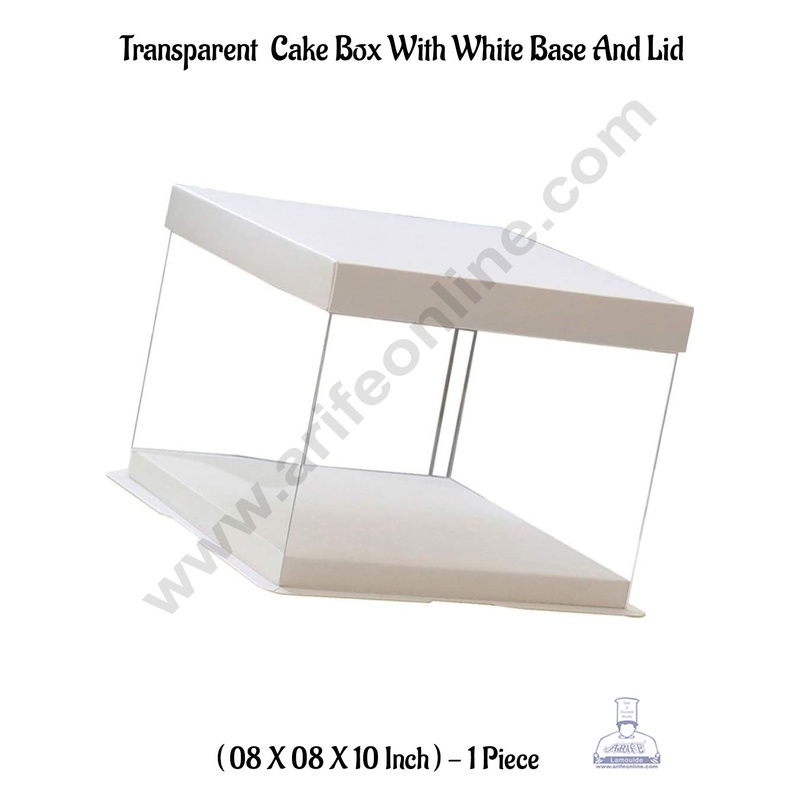 CAKE DECOR 1 Piece Transparent Square Cake Box With White Base & Lid | Gift Box | Hamper Box | Pinata Box - (08 X 08 X 10 Inch)
