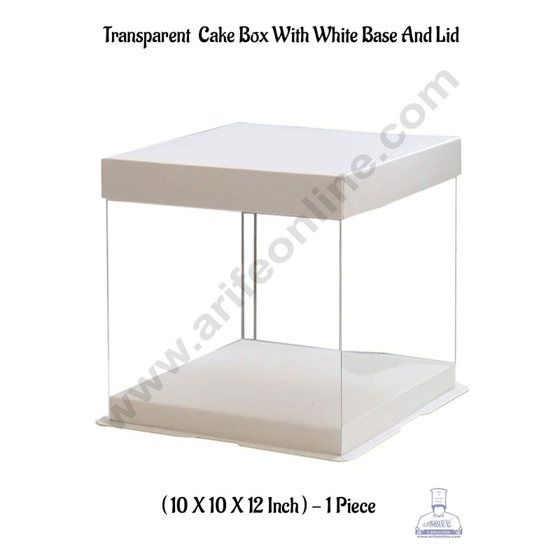CAKE DECOR 1 Piece Transparent Square Cake Box With White Base & Lid | Gift Box | Hamper Box | Pinata Box - (10 X 10 X 12 Inch)