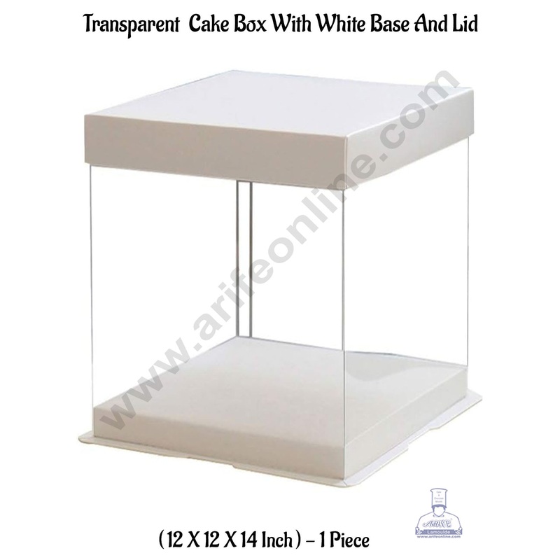 CAKE DECOR 1 Piece Transparent Square Cake Box With White Base & Lid | Gift Box | Hamper Box | Pinata Box - (12 X 12 X 14 Inch)