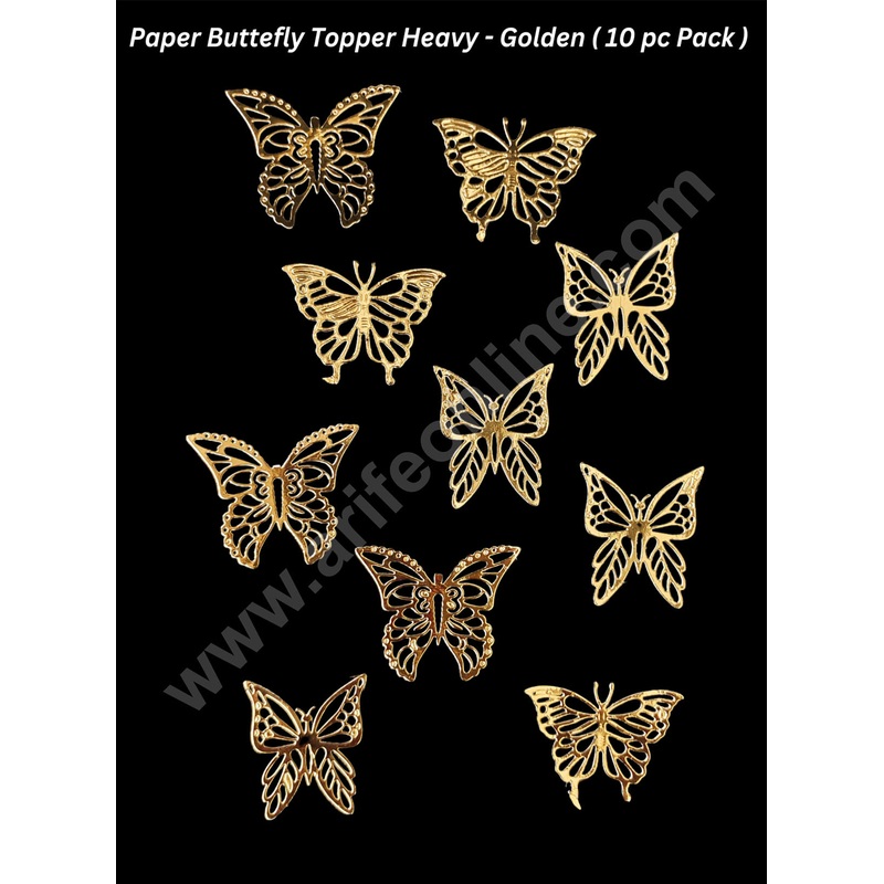 CAKE DECOR 10 Pc Golden Butterfly Paper Topper For Cake And Cupcake Decoration