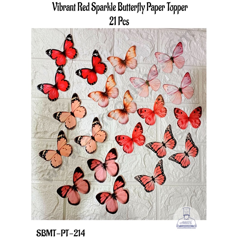 CAKE DECOR 21 Pc Vibrant Red Sparkle Butterfly Paper Topper For Cake And Cupcake
